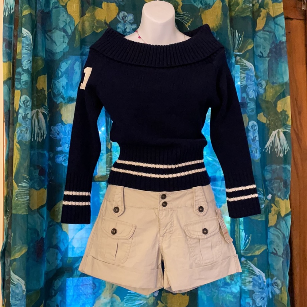 Vintage Y2K DELIA’S Off the Shoulder Boatneck Navy 01 Patch Sweater XS S